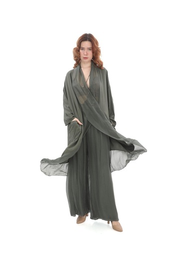 Italyan Ipek Detaylı Oversize Kaftan & Bluz-8711 Koyu Haki