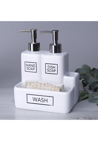 By Selim Liberty Fırçalı Süngerlikli İkili Sıvı Sabunluk - Beyaz Beyaz