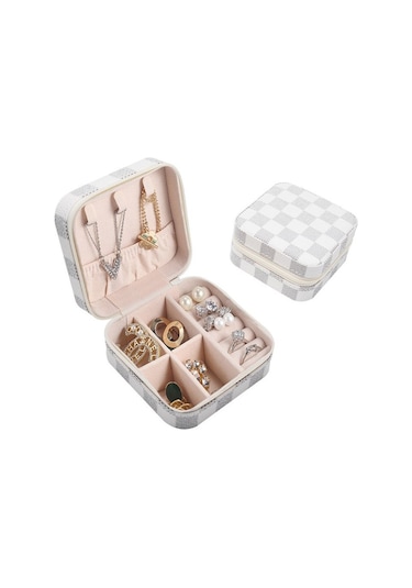 Chavin Beyaz Deri Seyahat Yüzük Küpe Kolye Takı Kutusu St1-66by Beyaz