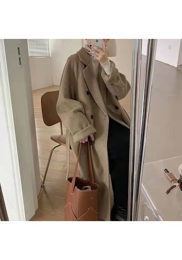 Kadınlar İçin Orta Uzunlukta Hepburn Tarzı Üst Düzey Mizaçlı Bol Yünlü Palto Kahverengi