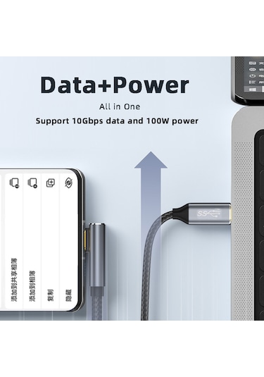 Csdake Pd 100 W Şarj 90 Derece Düşük Profil Açılı Usb3.1 Type-c Male To Male 10 Gbps Veri Kablosu 1.0 M