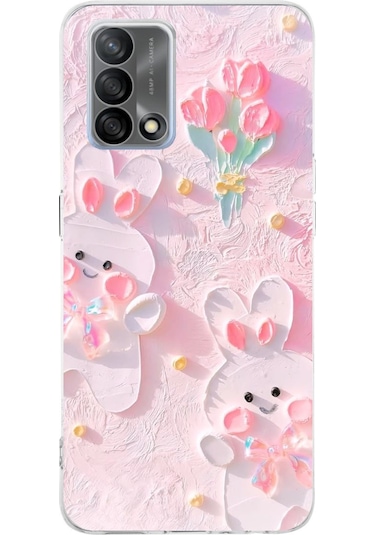 Oppo A74 Uyumlu Sevimli Tavşanlar Baskılı Silikon Kılıf Renkli