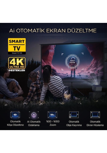 Vankyo Aurzen Boom 3 WiFi + Bluetooth 300 Inç 4K Smart TV Projeksiyon Cihazı Siyah