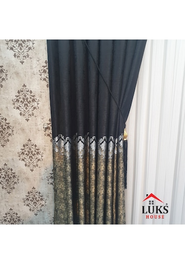 Lüks Siyah Fon Pano Perde Sık Pile Tek Kanat, En100 Cm Siyah
