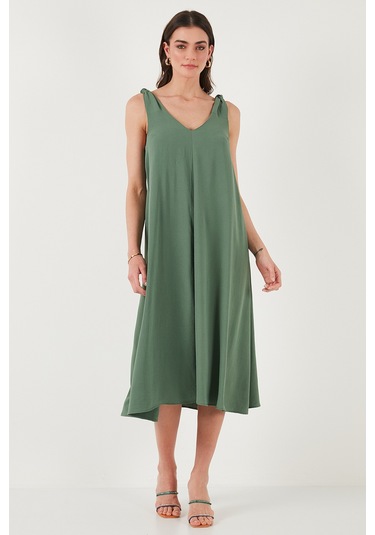 Lela Oversize Fit V Yaka Midi Boy Basic Bayan Elbise 6788688 Haki