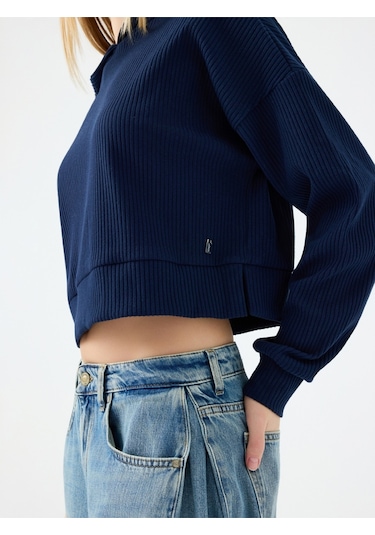 Long Crop Kadın Sweatshirt Lacivert