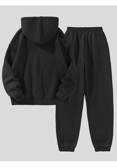 California Minimal Yazı Eşofman Takımı Sweatshirt Jogger - Siyah Baskılı Oversize Şardonlu Kapüşonl Siyah