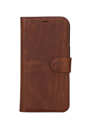 Bloomcase  İphone Uyumlu 16 Pro Max Mahogany Brown Hakiki Deri Cüzdanlı Telefon Kılıfı Kahverengi