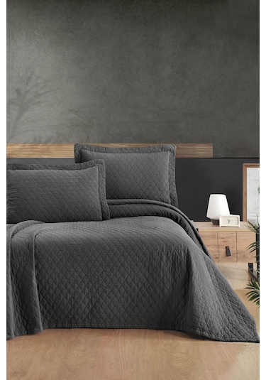 Este %100 Pamuk Parça Boyama Yatak Örtüsü Seti 180 X 260 Antrasit Bej