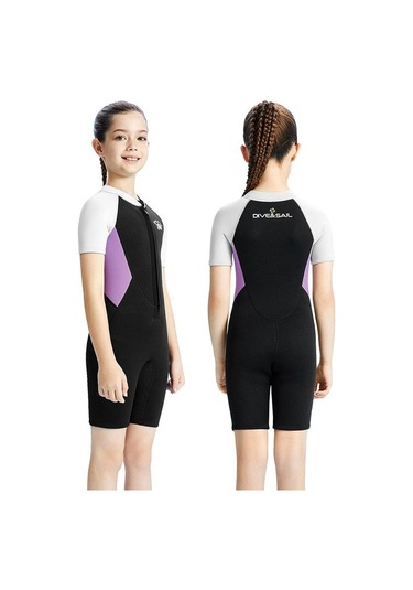 Dıve & Saıl 2.5mm Kısa Kollu Tek Parça Sıcak Çocuk Wetsuit Şnorkel Soğuğa Dayanıklı Mayo Mor