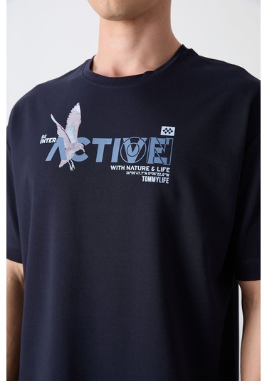 Tommy Life Lacivert Pamuklu Kalın Yumuşak Dokulu Oversize Fit Baskılı Erkek T-shirt - 88344 001