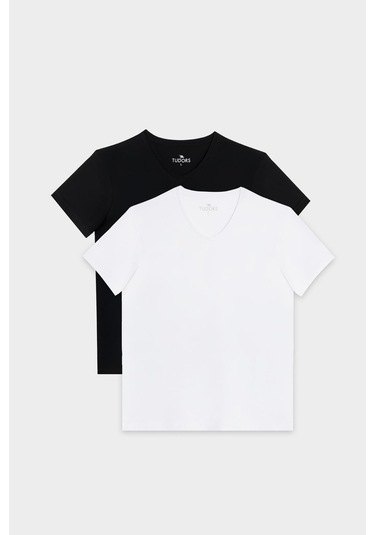 Unisex 2'li Paket Siyah-beyaz Slim Fit Dar Kesim %100 Pamuk V Yaka Tişört-33125 Siyah - Beyaz