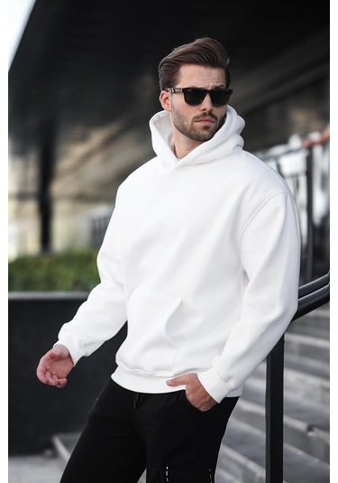 Ekru Kapüşonlu Kanguru Cep Erkek Sweatshirt E7169 Ekru