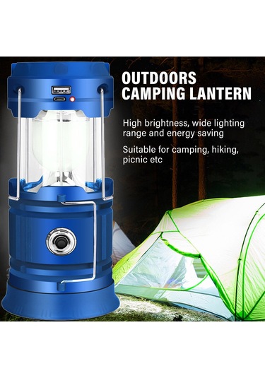 Mufunye Mavi Led Kamp Feneri Güneş Enerjili Usb Şarjlı 18650 Batarya Ve Kablolu Çadır Işığı Outdoor Kullanım İçin İngilizce Paketli Çok Renkli
