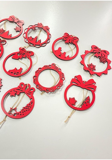 Ahşap 12 Adet Yılbaşı Ağacı Süsü Kırmızı