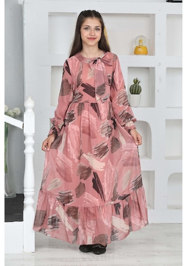 Genç Kız Pamuk Astarlı Şifon Kumaş Uzun Tam Boy Tesettür Elbise Pudra