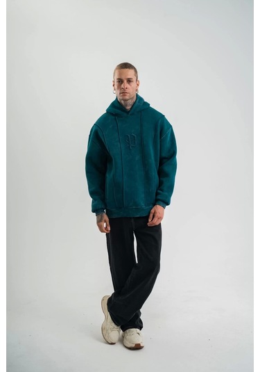 Unisex Uzun Kol Kapşonlu Yıkamalı Nakışlı Sweatshirt - Koyu Deniz Yeşili Koyu Deniz Yeşili