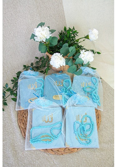 5 Adet Keseli Tesbihli İsim Baskılı Kadife Kaplı Yasin Mevlüt Kitabı Seti Hediyesi Mavi