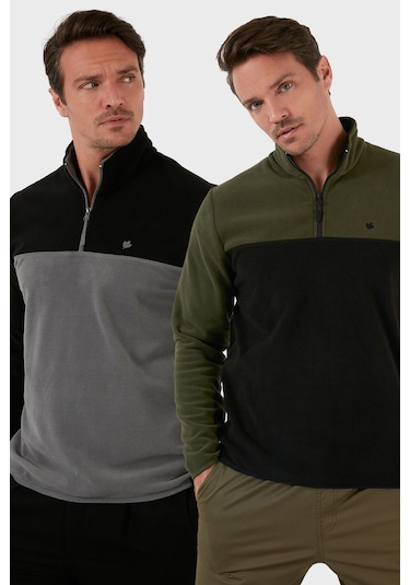 Buratti Regular Fit Anti-Pilling Tüylenme Yapmayan Dik Yaka Şardonlu 2'Li Paket Erkek Polar 5906016S2 Haki-Siyah