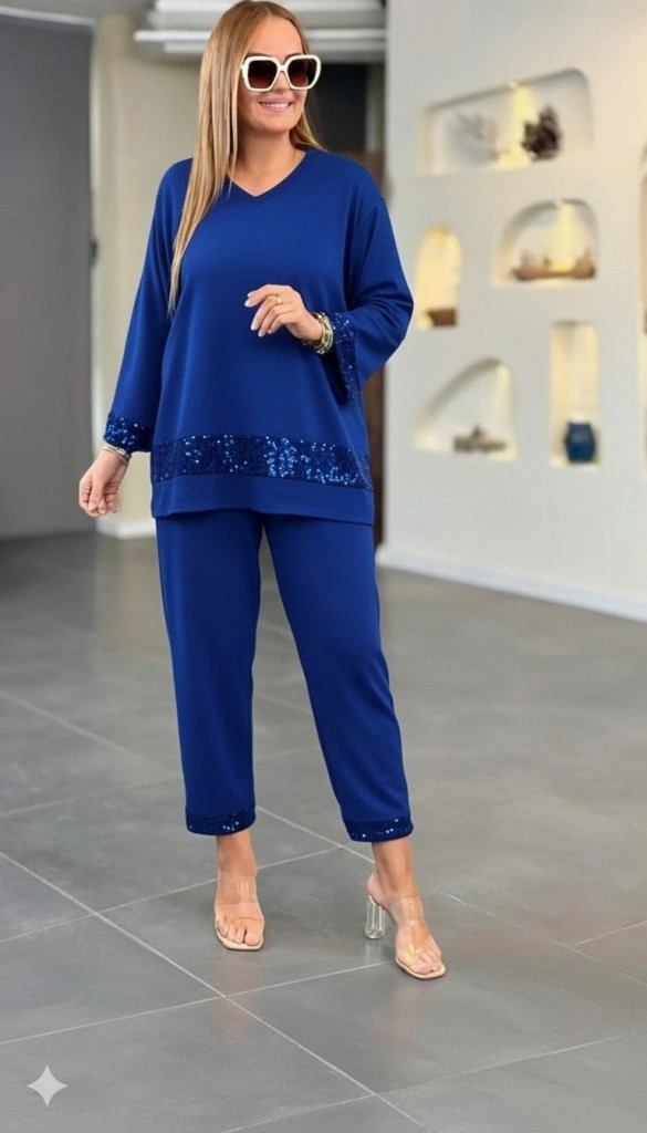 Kadın Uzun Kollu V Yakalı Pulpayet Viskon Iki Iplik Bluz Ve Pantolon Takım Saks Mavi
