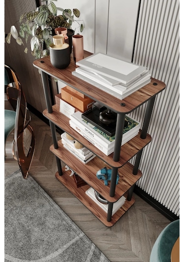 4 Katlı Dekoratif Diktörtgen Kitaplık Ceviz Ceviz