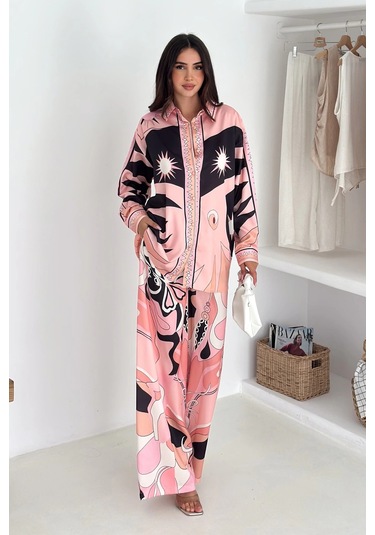 Modal Saten Kumaş Desenli Takım Pembe Pembe