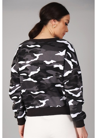 Sweetness Kadın Kamuflaj Desenli Önü Bağcıklı Oversize Sweatshirt SIYAH