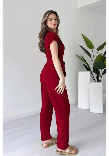 Modalima Kırmızı Kuşaklı Keten Tulum Çok Renkli
