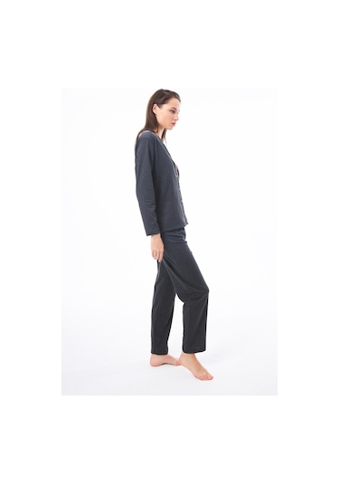 Antrasit Önden Düğmeli Pamuklu Kadın Pijama Takımı Antrasit
