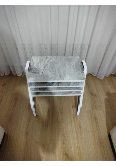 Zigon Sehpa 4'lü Mermer Desenli Tepsi Model Gri Mermer Desen Antrasit Ayak Gri Mermer