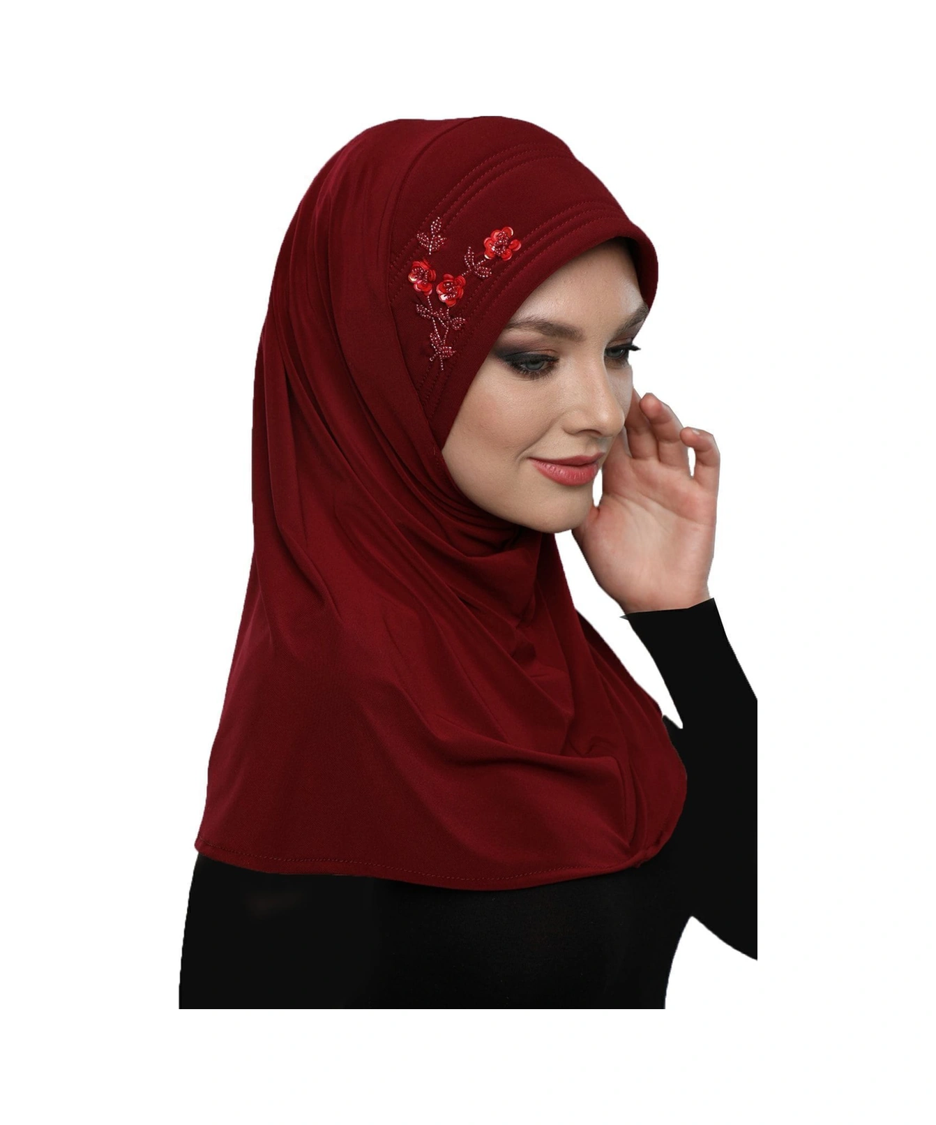 Takmatik Taşlı El Işi Boncuk Işlemeli Bordo Hazır Türban Tesettür Bone Namaz Örtüsü Bordo
