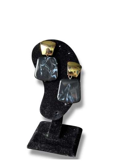 Kare Taşlı Sallantılı Şık Çelik Küpe Altın - Siyah