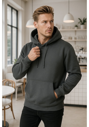 Rich Erkek Füme Pamuklu Cep Detaylı Kapüşonlu Sweatshirt Füme