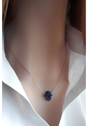 Lacivert Pırıltılı Reçine Taşlı El Yapımı Fatma Eli Kolye 925 Ayar Gümüş Rose Gold Kaplama Rose Gold