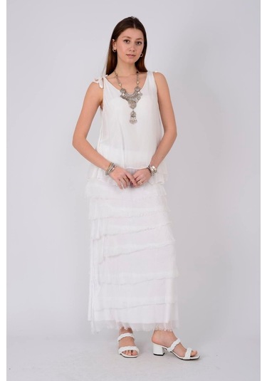 İtalyan 2 Beden Ince Gösteren Kat Kat Ipek Etek & Straplez Elbise Beyaz