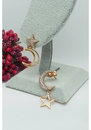 Rose Altın Kaplama Vip Seri Ay Yıldız Küpe 2,4 cm