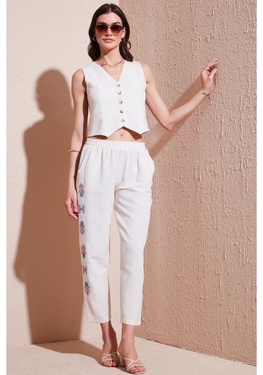 Lela Bohem Işlemeli Keten Ve Pamuk Karışımlı Şalvar Bayan Pantolon 5865050 Bej-Oranj