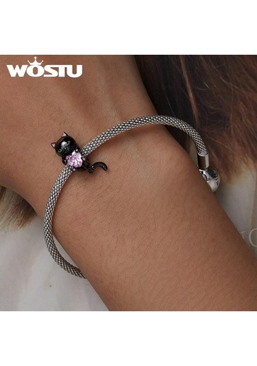 Wostu 925 Ayar Gümüş Sevimli Küçük Siyah Kedi Takılar Boncuk Pembe Kalp Zirkon Kadınlar İçin Fit Orijinal Dıy Bilezik Takı Hediyeler Siyah - Gümüş