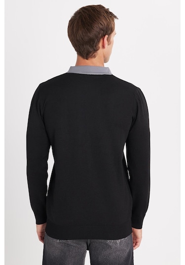 Erkek Standart Fit Uzun Kol Yarım Fermuarlı Polo Yaka Siyah Kazak-35798 Siyah
