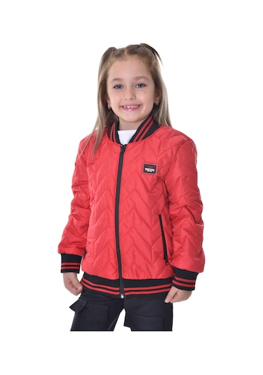 Kız Çocuk Kırmızı Kolej Yaka İçi Astarlı Su Ve Rüzgar Geçirmez Fermuarlı Cep Mont Ceket Kırmızı