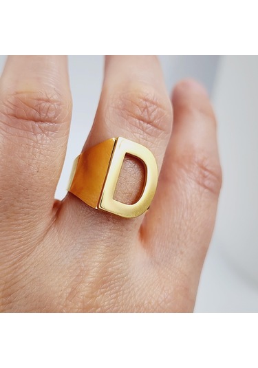 Çelik Gold Düz Kesim Harf Yüzük -d Harfi- Ayarlı Ölçü-1891 Altın
