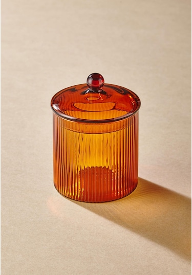 The Mia Striped Borosilikat Cam Şekerlik Amber 9x9x11 Cm