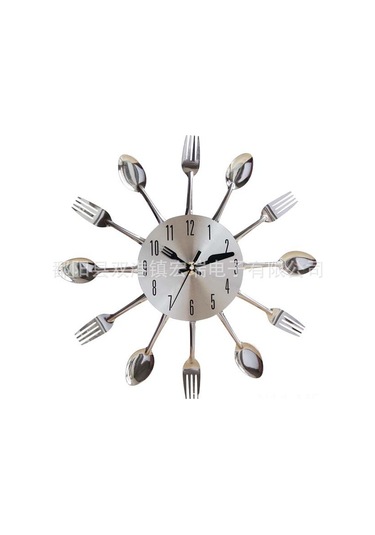 Mufunye Gümüş Renkli Paslanmaz Çelik Yemek Takımı Duvar Saati - Restoran İçin Sessiz Fonksiyonel Dekoratif Saat Gümüş