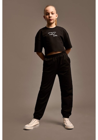 DeFacto Kız Çocuk 2'li Takım Bisiklet Yaka Baskılı Kısa Kollu Tişört Beli Paçası Lastikli Eşofman Altı Z8983A625SMBK81 Siyah