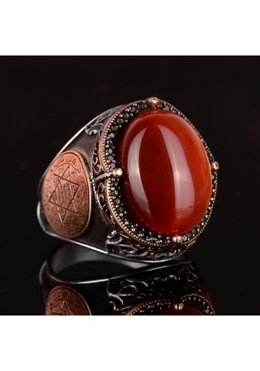 El Yapımı Sterlin Gümüş Yüzük İle Doğal Karnelyan Taşı Ve Süleyman Yıldızı Sembolü Gümüş