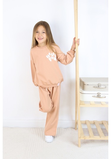 Kız Çocuk Hello Fun Baskılı İspanyol Paça İki İplik Eşofman Takımı Açık Kahverengi