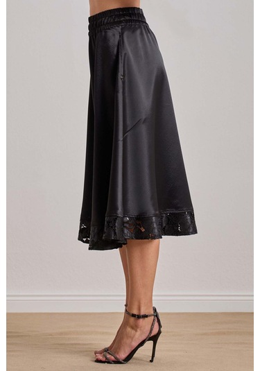 Midi Siyah Saten Etek Siyah