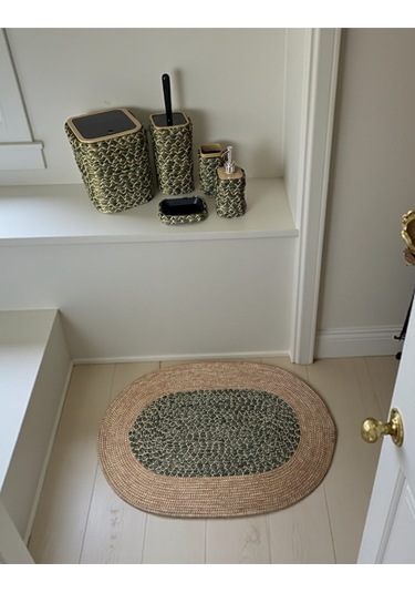 Doğal Dokulu Hasır Görünümlü 6 Parça Banyo Takımı Zarif Ve Modern Yeşil