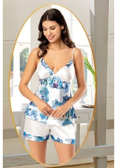 Xses 2155 Kadın Saten Empirme Sabahlıklı 4'lü Pijama Takım-mavi Mavi