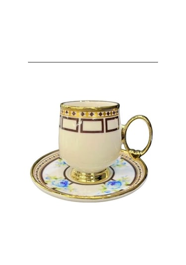 Roykıng Mavi Çiçekli 6 Kişilik Kahve Fincan Takımı Mavi - Sarı